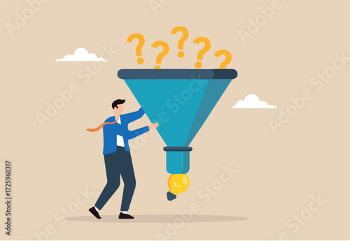 Flat illustration of smart businessman using funnel to filter solution from question mark symbolizing problem solving and creativity