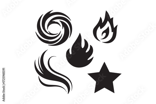 Collection of five stylized black elemental symbols on white background