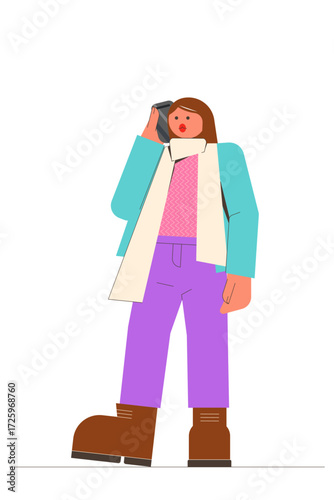 Woman talking on the mobile phone in a coat with scarf holding a smartphone. Vector colorful spring, fall illustration
