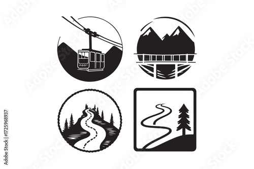 Four black and white scenic outdoor adventure illustrations