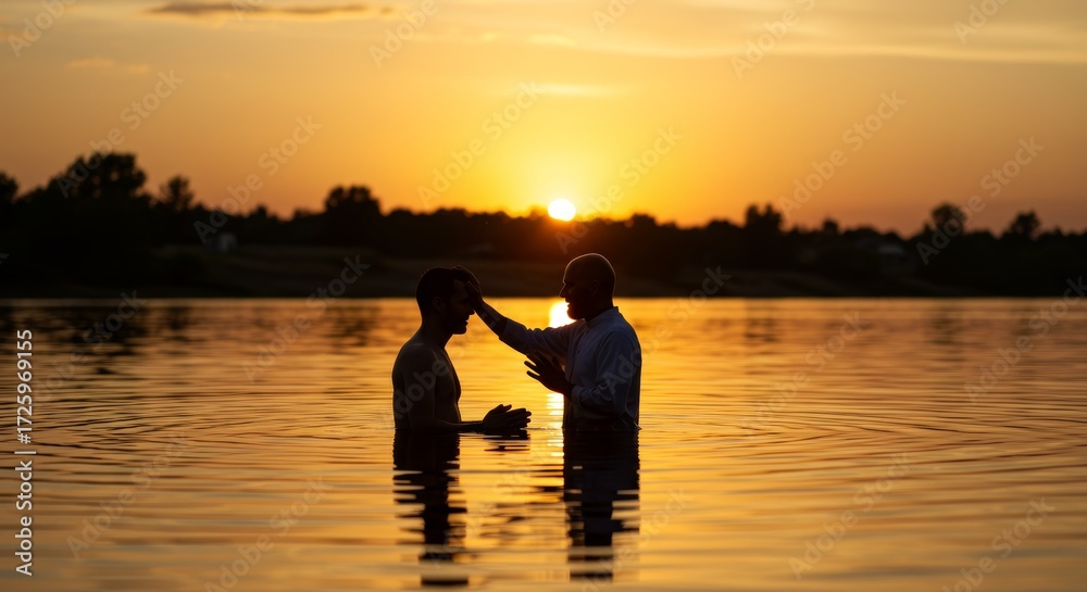 Fototapeta premium Silhouette of a baptism in a serene river at sunset providing spiritual symbol