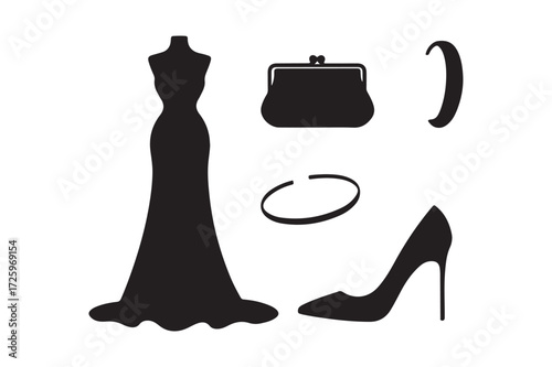 Elegant black silhouette of a formal gown and accessories