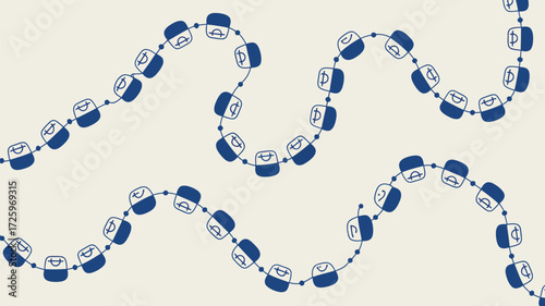 Blue and white stylized chain pattern with square links on a light beige background with simple design