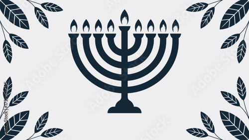 A graphic illustration of a menorah with flames surrounded by decorative leaves on a white background