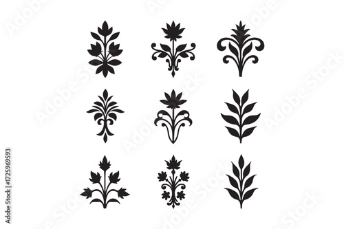 Collection of nine black floral decorative ornaments on white background