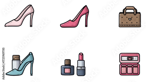 Set of colorful fashion and beauty product icons.
