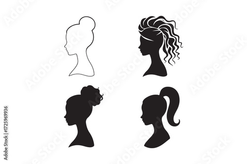 Four silhouettes of women s hairstyles and headwear