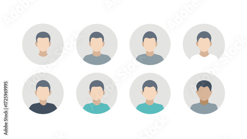 Collection of eight faceless male avatars with different skin and shirt colors on a white background