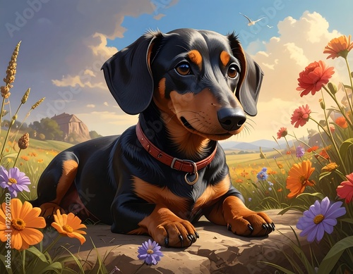 Fototapeta Naklejka Na Ścianę i Meble -  Dachshund resting in a vibrant flower meadow