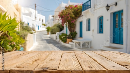 Fototapeta Naklejka Na Ścianę i Meble -  Empty wooden table top with blur of greece street background, can be used for display or montage your products