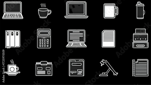Monochrome Office Equipment and Technology Icon Set.