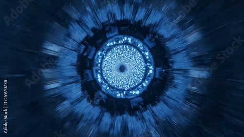 Dynamic Blue Tunnel with Radiating Light Streaks Creating a Hypnotic Vortex Effect, Captured in a High-Speed Zoom-In Motion, Featuring Abstract Patterns and a Central Vanishing Point