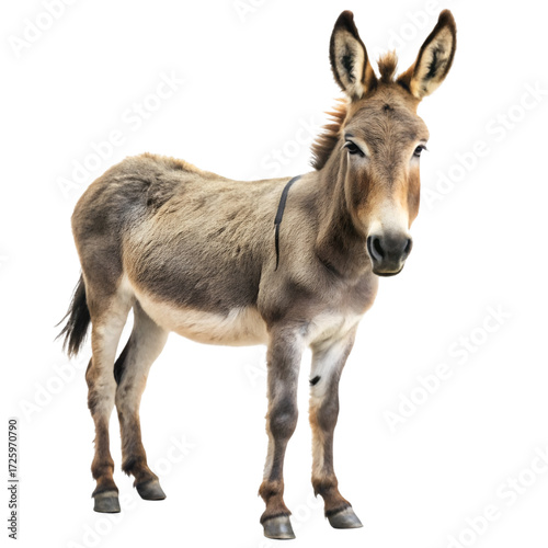 Full body brown donkey standing facing forward on black background animal mammal