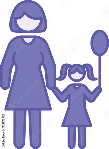 Colored Mother and Daughter Icon. Vector Illustration. A Woman in a Dress and Short Hair is Holding the Hand of a Little Girl with a Balloon. Family Concept
