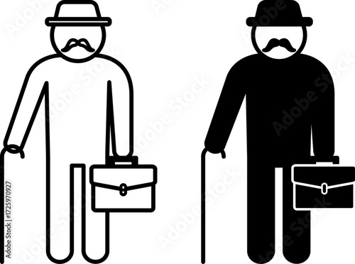 Grandfather Icons. Black and White Vector Illustrations. An Old Man with a Mustache and Hat, Holding a Cane and Briefcase. Family Concept