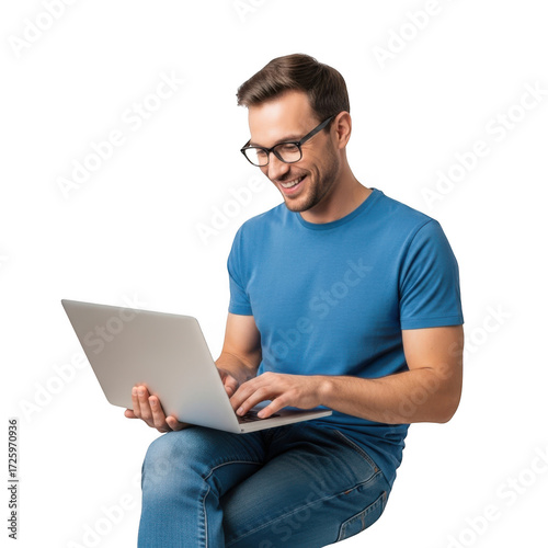 Wallpaper Mural Smiling man wearing glasses and a blue t shirt typing on a laptop computer isolated on transparent background Torontodigital.ca