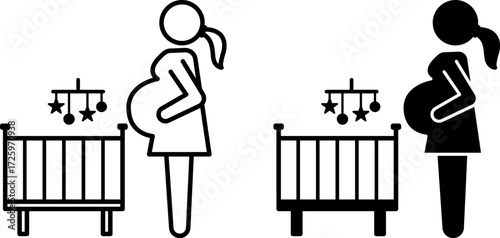 Pregnant Woman Icons. Black and White Vector Illustrations. Woman with a Big Belly, Baby Crib, and Toys. Expecting a Baby. Family Concept