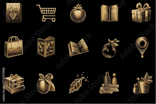 Set of Fifteen Luxurious Golden Icons for Shopping and Gifts.