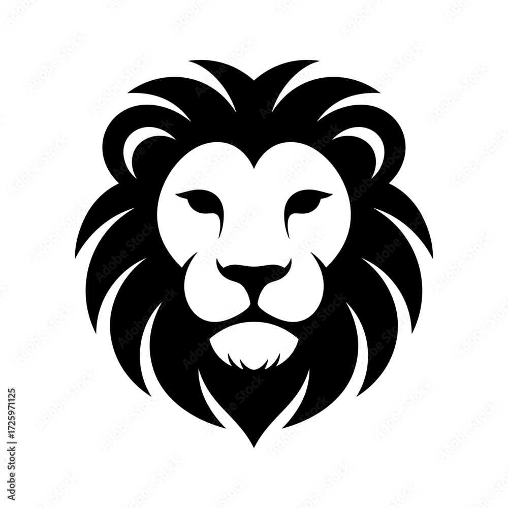Obraz premium Vector lion silhouette logo, a stylish isolated king of the jangle lion head with flowing mane, a minimalist and diametric lion design on white background for logo, branding, and Illustration