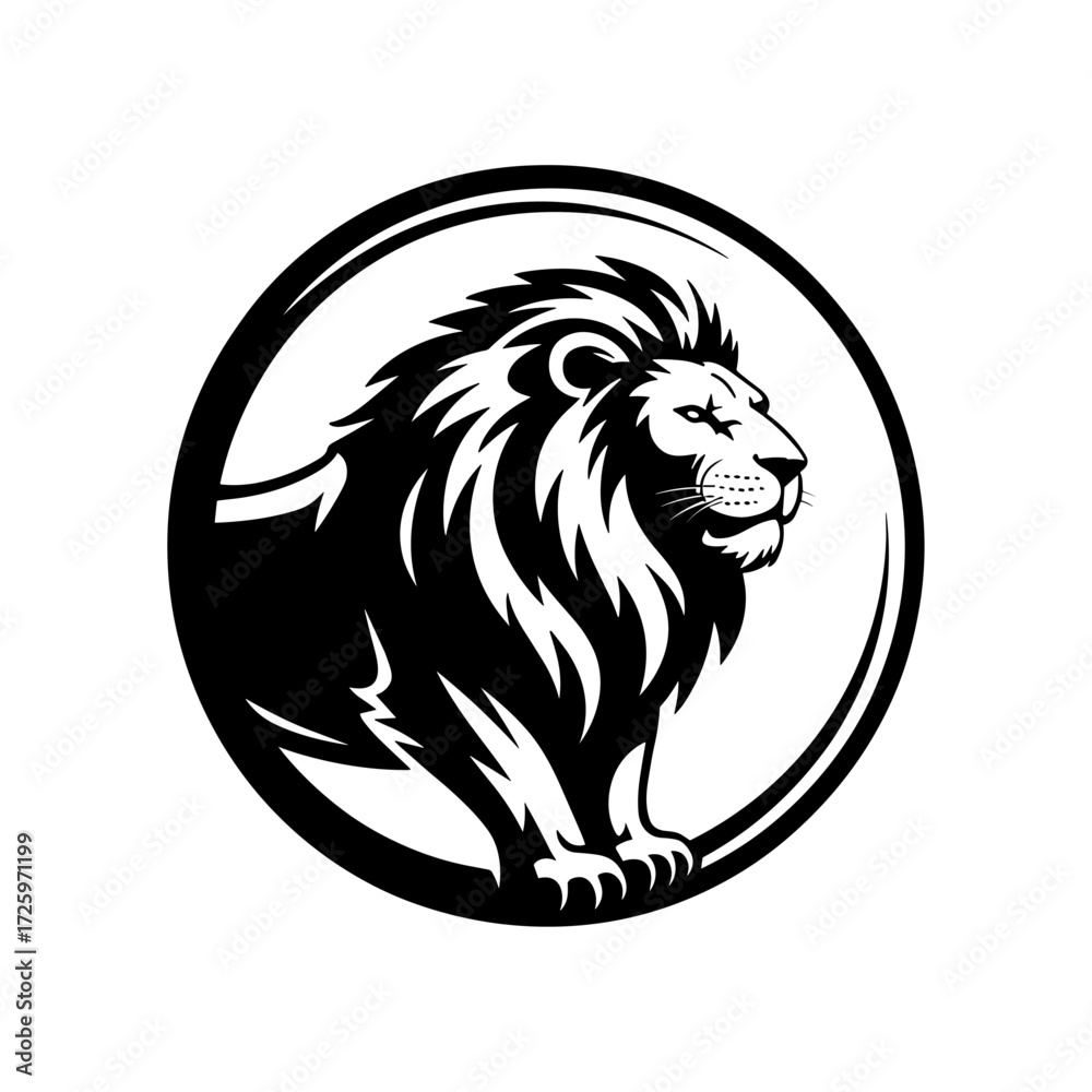 Fototapeta premium Vector lion silhouette logo, a stylish isolated king of the jangle lion head with flowing mane, a minimalist and diametric lion design on white background for logo, branding, and Illustration
