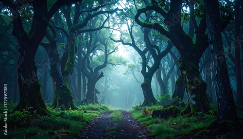 Misty path through a dark, lush forest with moss-covered trees creates a mystical scene