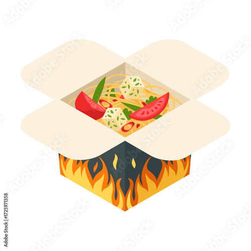 Delicious noodles in takeout box with flames, a tasty meal with tomatoes and greens
