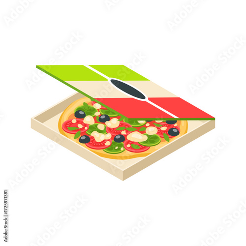 A delicious traditional Italian pizza with fresh toppings in a takeaway box with a national flag design