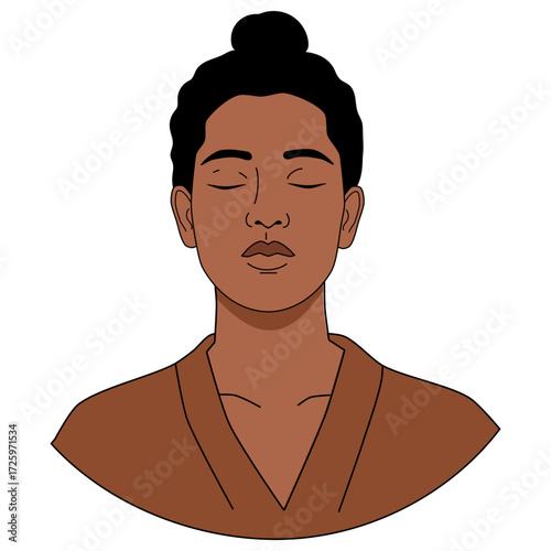 Man, Buddhist, with closed eyes practicing deep meditation with zen mudra. Calm face, meditating illustration for mental well-being and relaxation.