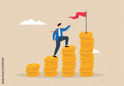 Flat illustration of businessman climb money coin stack to achieve red target flag financial goal achievement investment plan salary growth