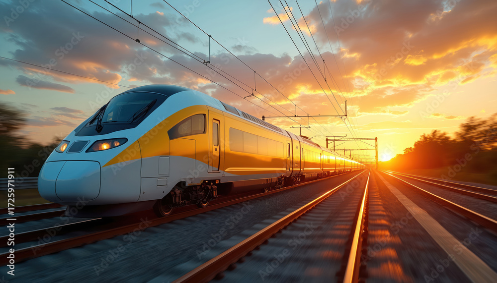Naklejka premium High speed train powered by renewable energy travels swiftly along tracks at sunset. Modern technology and sustainable transport define this futuristic electric railway system in motion.