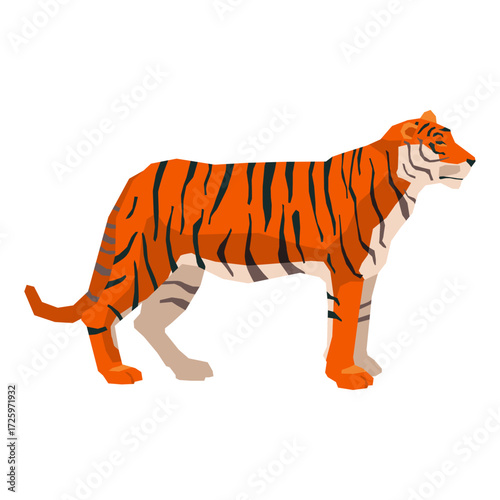 Geometric illustration of a majestic wild tiger standing in profile on a white background