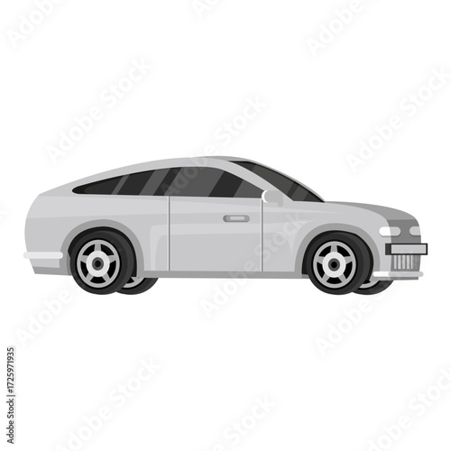 Side view illustration of a sleek, modern, grey sports car with tinted windows parked on a white background