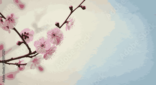 A delicate branch of pink cherry blossoms with soft petals and dark buds against a muted background of cream and light blue.
