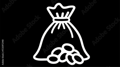 Simple white line icon of a money bag with coins.