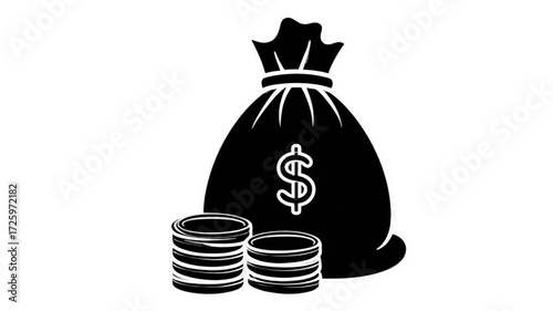 Simple black icon of a money bag and stacked coins.