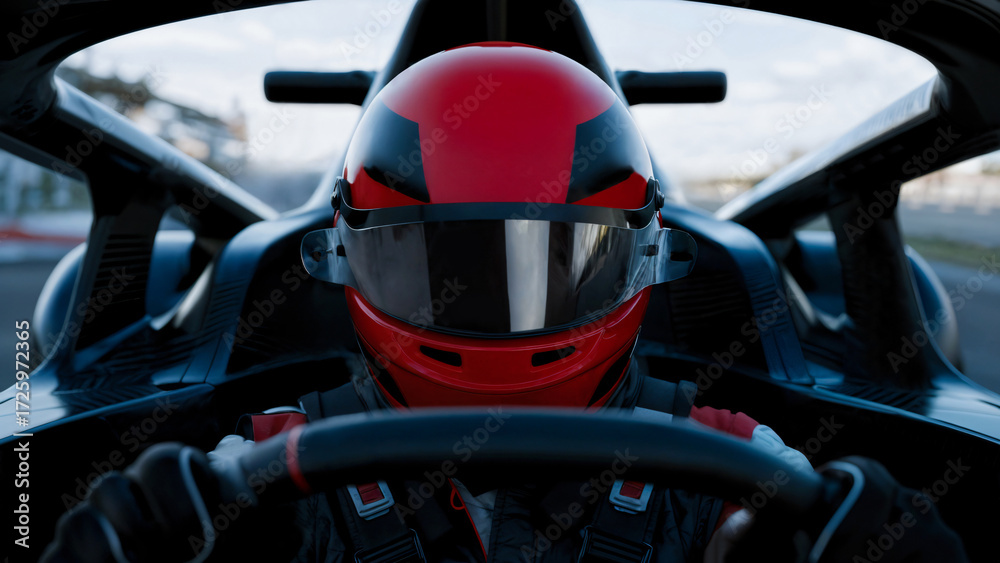 Obraz premium Close-up portrait of a driver inside the cockpit of a race car wearing a red helmet speeding on the track