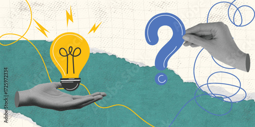 Two hands hold lightbulb and question mark.  Trendy Halftone Collage Problem solving concept. Business solution. Creative mind or brainstorm. Ask for reply. Contemporary vector art
