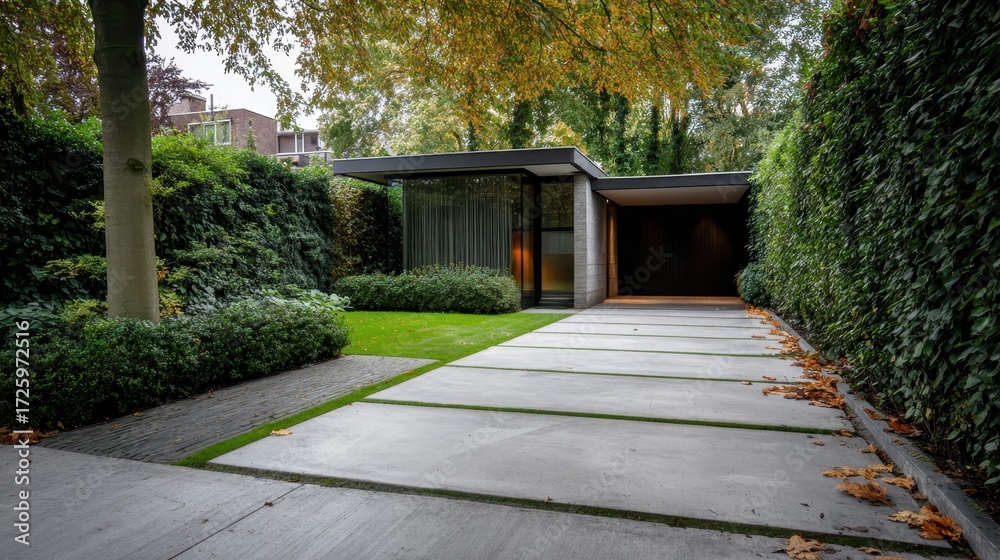 Fototapeta premium Modern minimalist house with a sleek concrete driveway surrounded by lush green foliage, showcasing contemporary geometric architecture and luxurious residential design