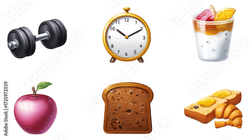 Healthy Morning Routine Icons with Food and Exercise.