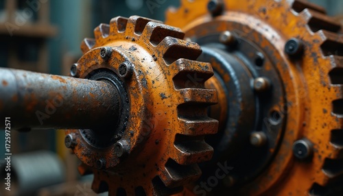 Close-up of industrial gearbox, rusty orange metal gears, mechanical engineering component, steel shaft with grease residue. Heavy machinery part, precision manufacturing detail, hard-wearing metal
