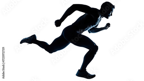 Dynamic silhouette of a male athlete sprinting forward.