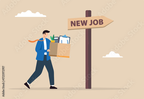 Flat illustration of businessman carrying stuff in box and moving to new job symbolizing career change and new opportunities