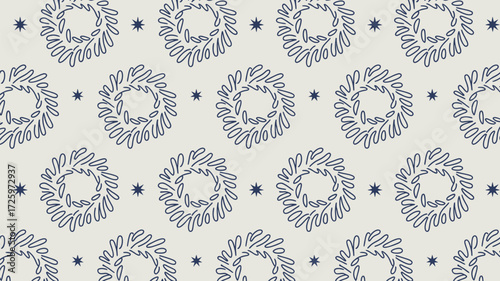 A repeating pattern of stylized wreaths and stars on a light beige background for a festive design