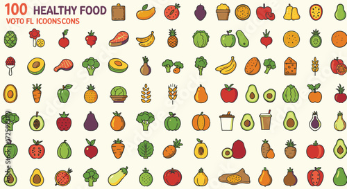 Vibrant vector icon set featuring healthy food fresh fruits, vegetables, and wholesome ingredients in modern flat design. Perfect for nutrition, diet, and wellness projects