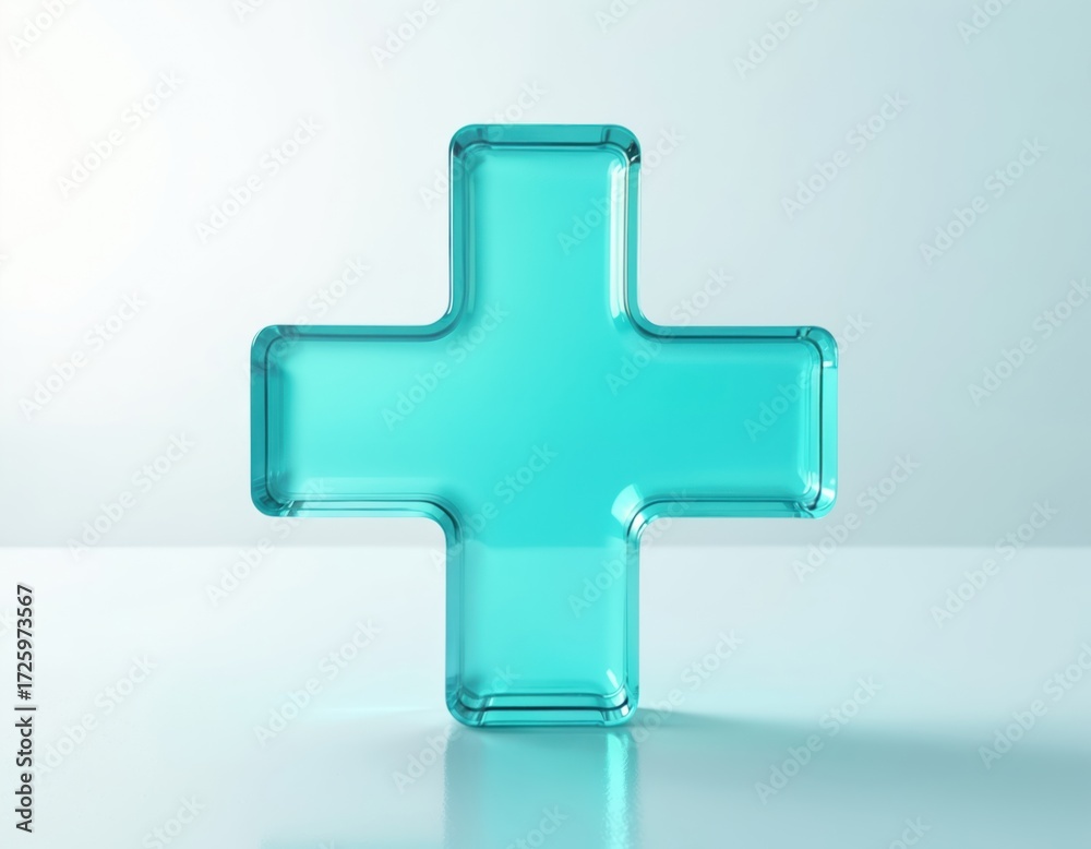 Fototapeta premium Bright turquoise plus sign icon for medical or wellness design. This 3D render symbol is glossy, shiny, modern, and clean. Useful for healthcare, therapy, or futuristic branding.