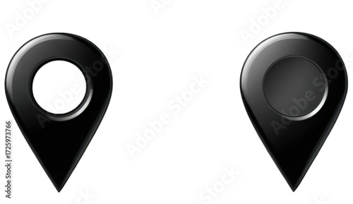 Two black glossy map location pin icons isolated.