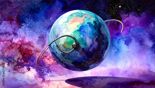 Dreamy planet in a colorful nebula, with an abstract metal ring circling it