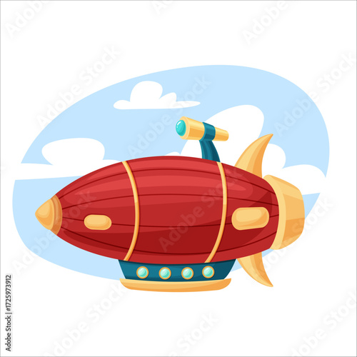Cartoon red airship flying in the sky with clouds. Vintage zeppelin illustration for fantasy, retro, steampunk, travel, adventure themes, books, games, and creative projects