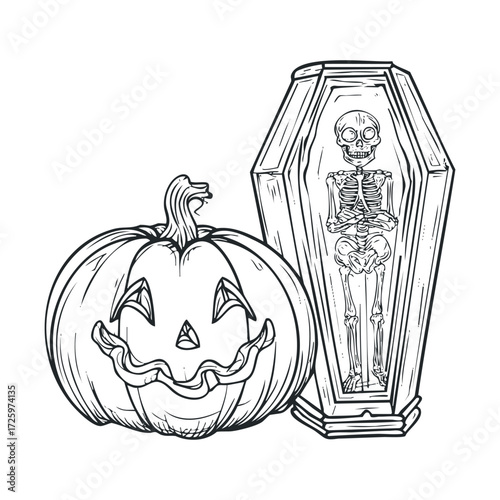 Spooky Halloween decoration with pumpkin and skeleton in coffin. Vector black icon