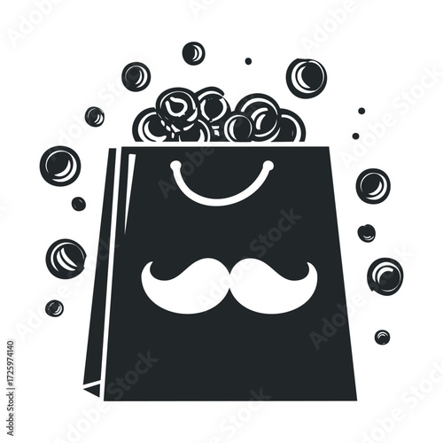 Shopping bag filled with bubbles and a mustache design. Vector black icon